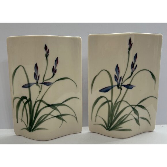 Hand-Painted Pottery Vases Floral Iris Botanical Signed Unique Shape Blue Green - Picture 1 of 6